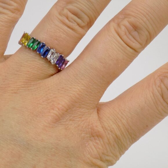 new chunky baguette ring eternity band emerald cut gemstones rainbow multi color - Picture 7 of 8